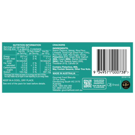 OB Finest - Gluten Free Fig and Pistachio specialty crackers